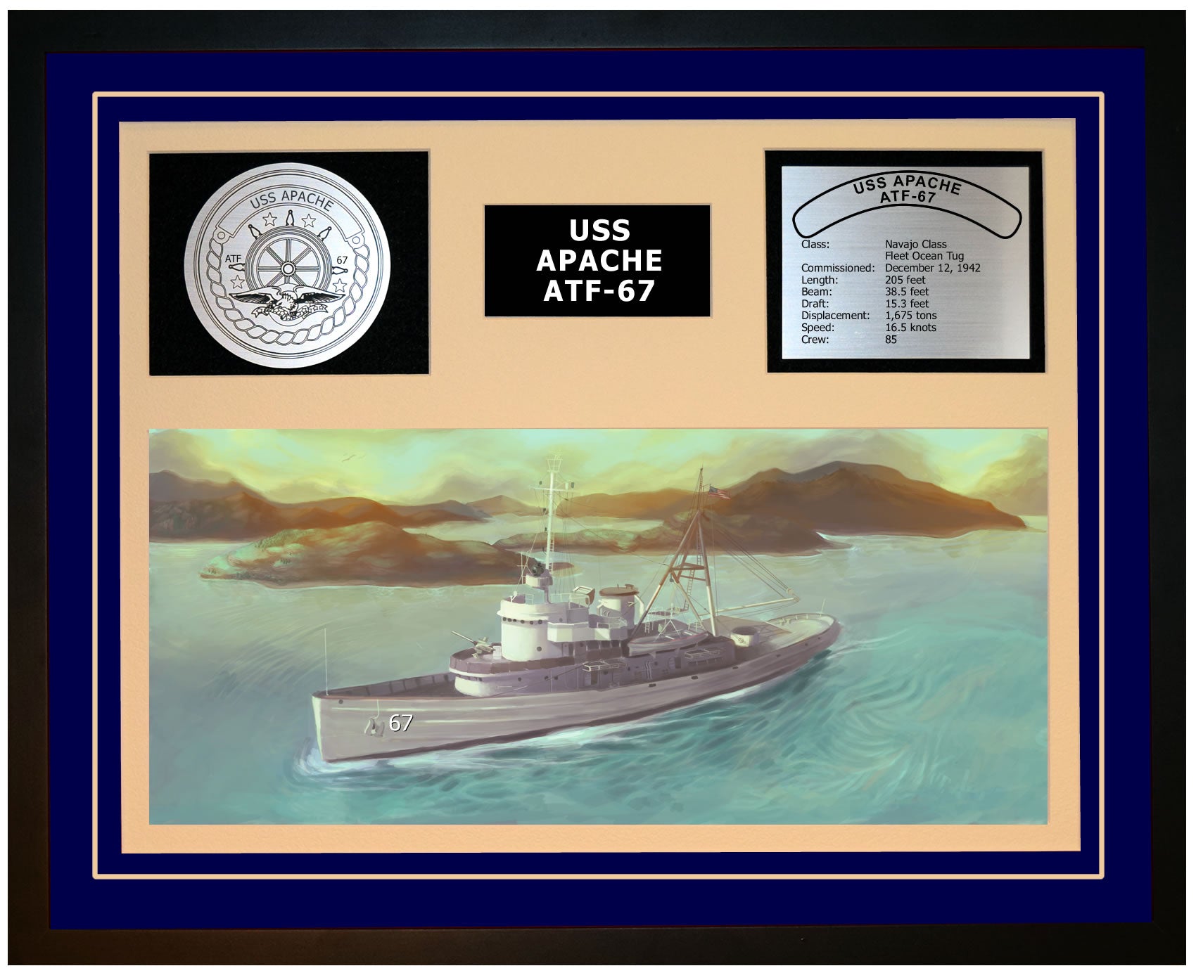 USS APACHE ATF-67 Framed Navy Ship Display Blue