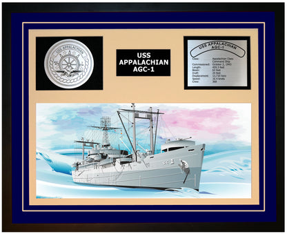 USS APPALACHIAN AGC-1 Framed Navy Ship Display Blue