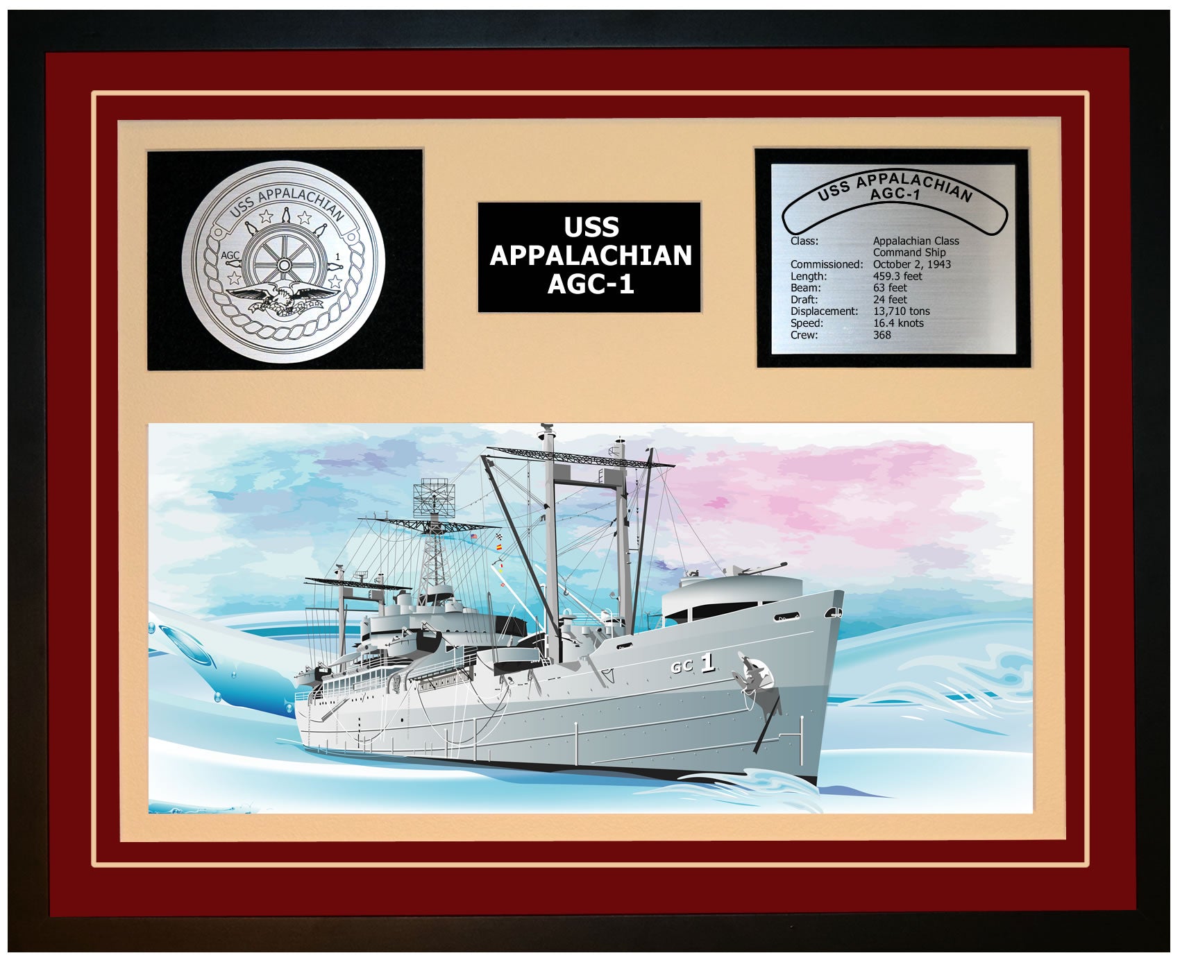 USS APPALACHIAN AGC-1 Framed Navy Ship Display Burgundy