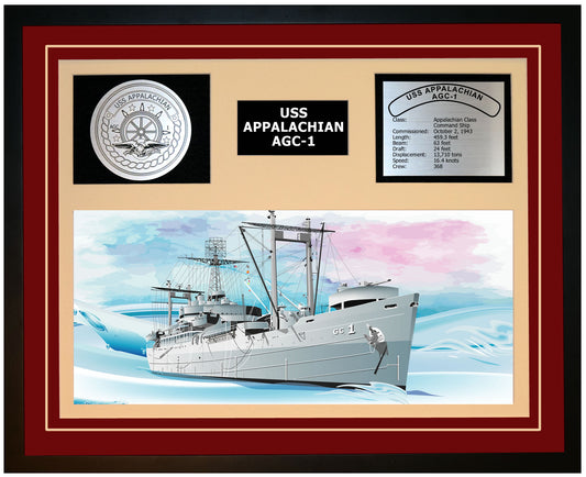 USS APPALACHIAN AGC-1 Framed Navy Ship Display Burgundy