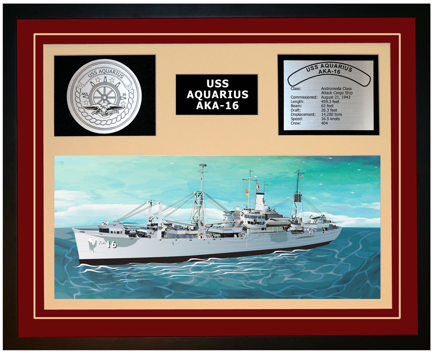 USS AQUARIUS AKA-16 Framed Navy Ship Display Burgundy