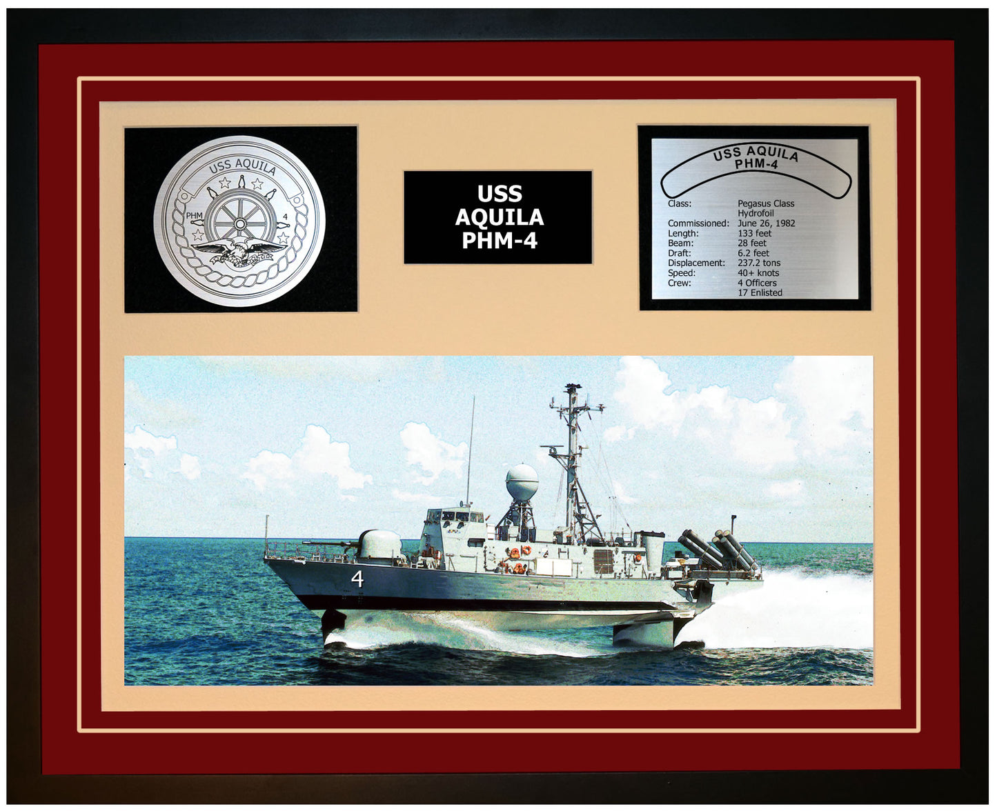 USS AQUILA PHM-4 Framed Navy Ship Display Burgundy