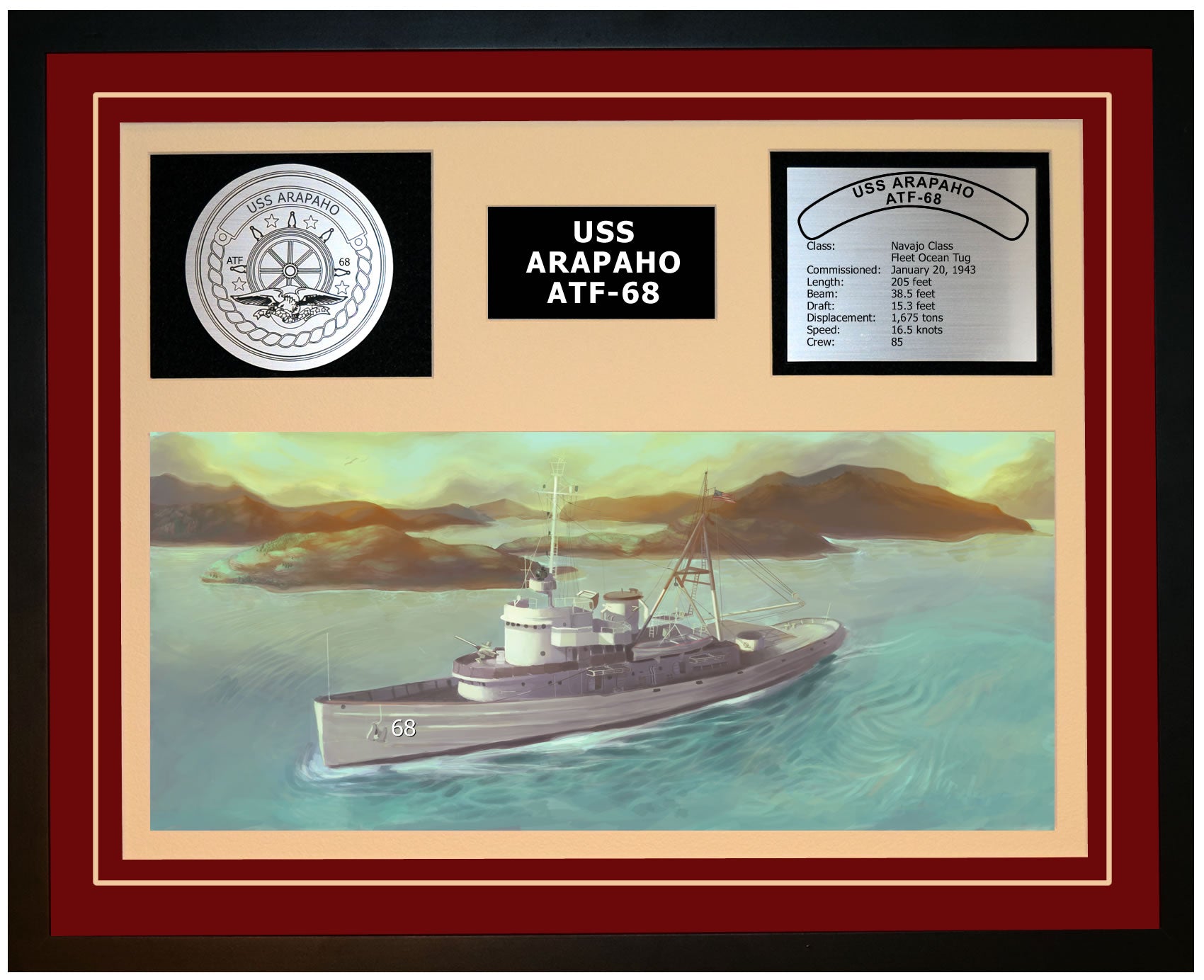 USS ARAPAHO ATF-68 Framed Navy Ship Display Burgundy