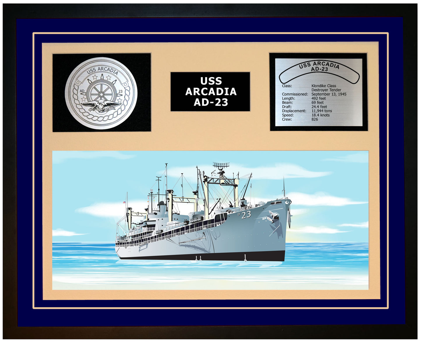 USS ARCADIA AD-23 Framed Navy Ship Display Blue