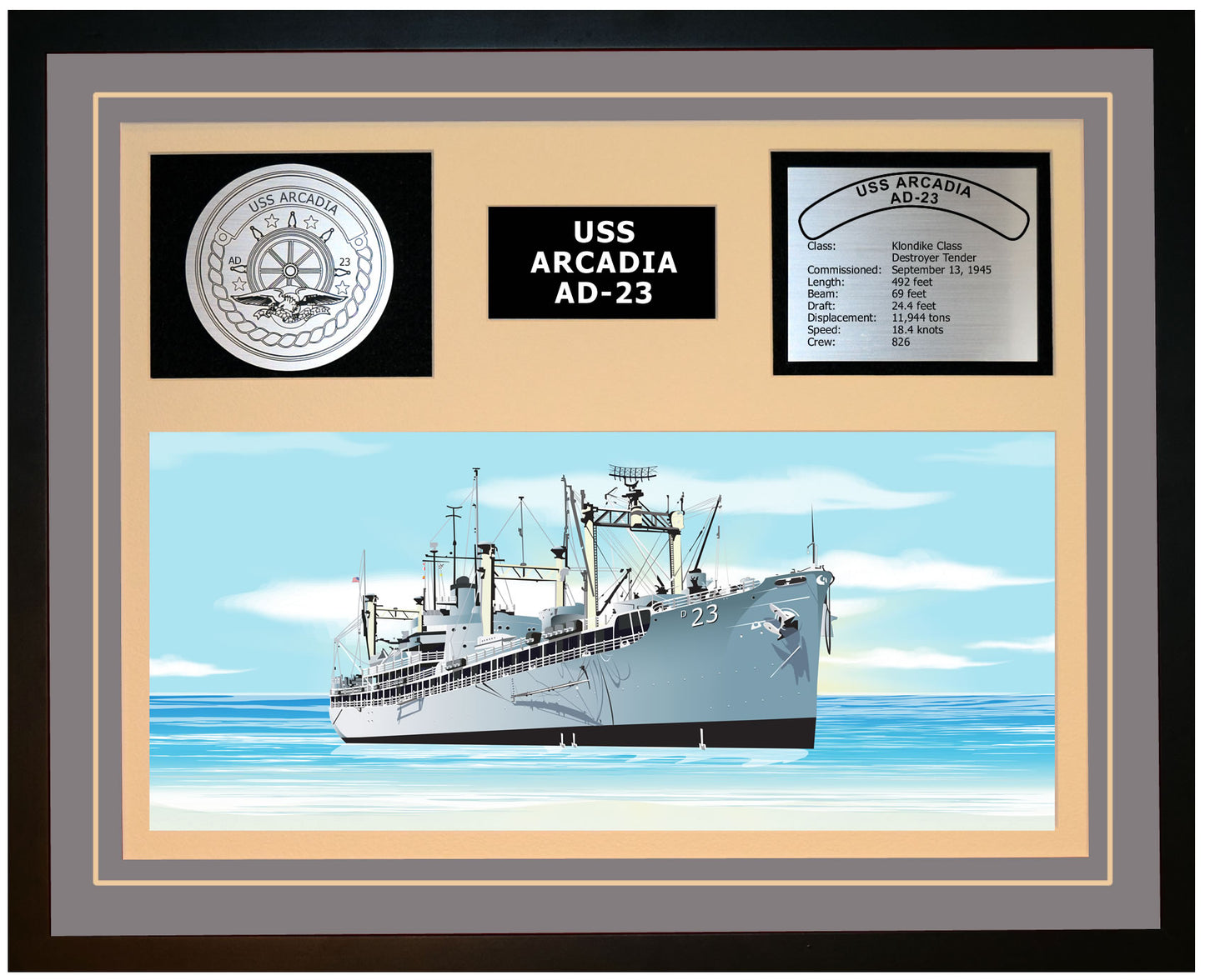 USS ARCADIA AD-23 Framed Navy Ship Display Grey