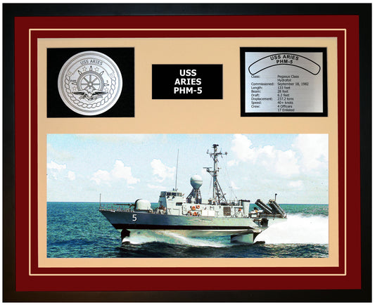 USS ARIES PHM-5 Framed Navy Ship Display Burgundy