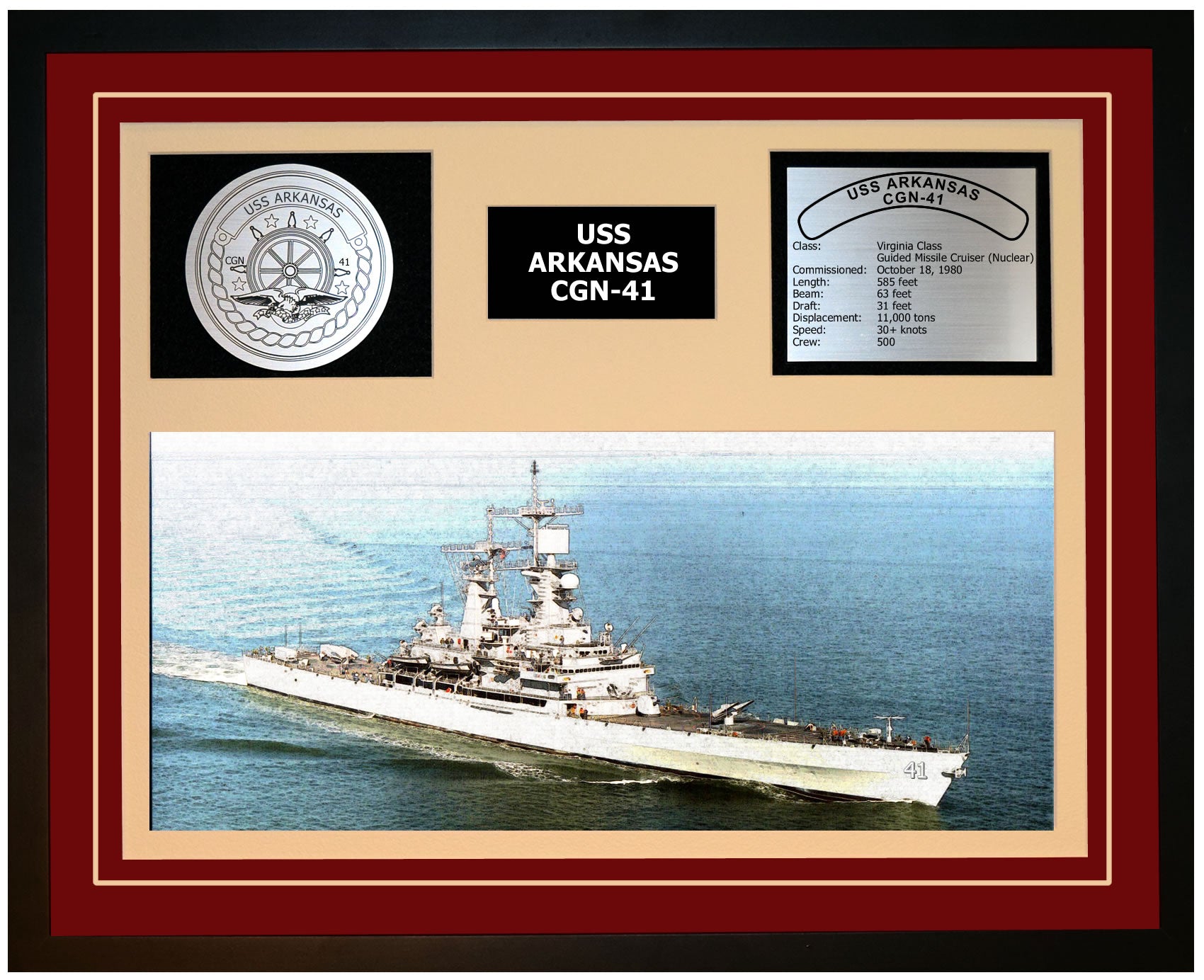 USS ARKANSAS CGN-41 Framed Navy Ship Display Burgundy