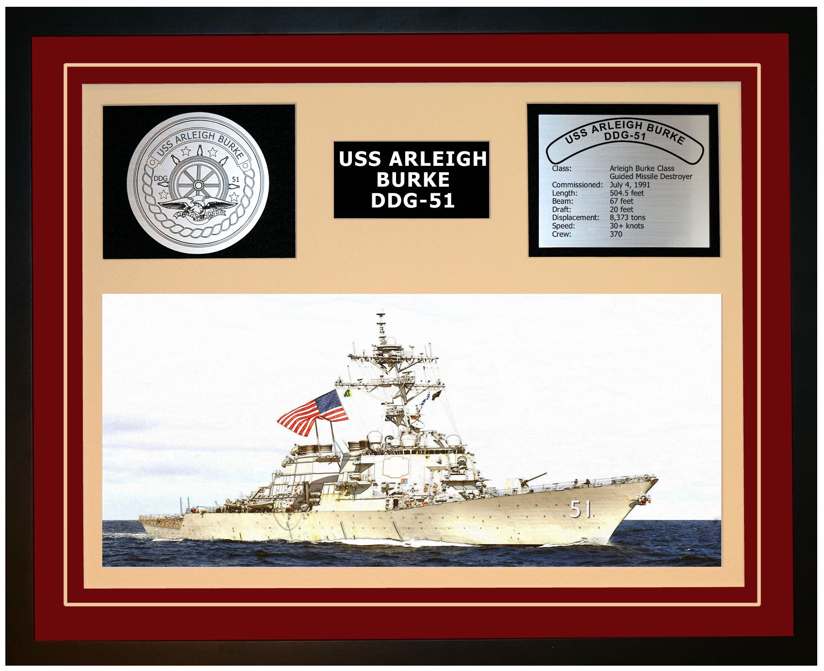 USS ARLEIGH BURKE DDG-51 Framed Navy Ship Display Burgundy