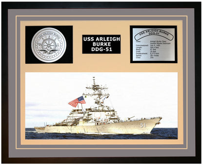 USS ARLEIGH BURKE DDG-51 Framed Navy Ship Display Grey