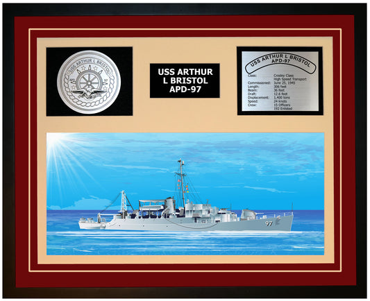 USS ARTHUR L BRISTOL APD-97 Framed Navy Ship Display Burgundy