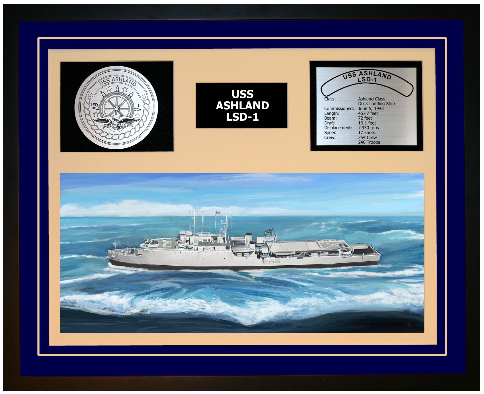 USS ASHLAND LSD-1 Framed Navy Ship Display Blue