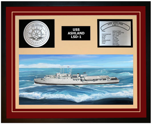 USS ASHLAND LSD-1 Framed Navy Ship Display Burgundy