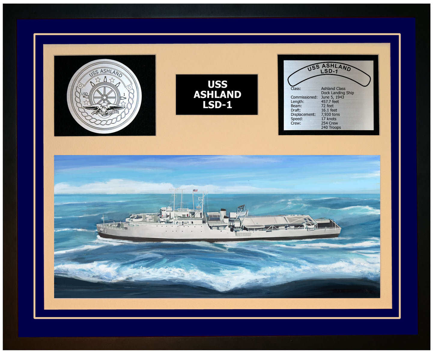 USS ASHLAND LSD-1 Framed Navy Ship Display Grey