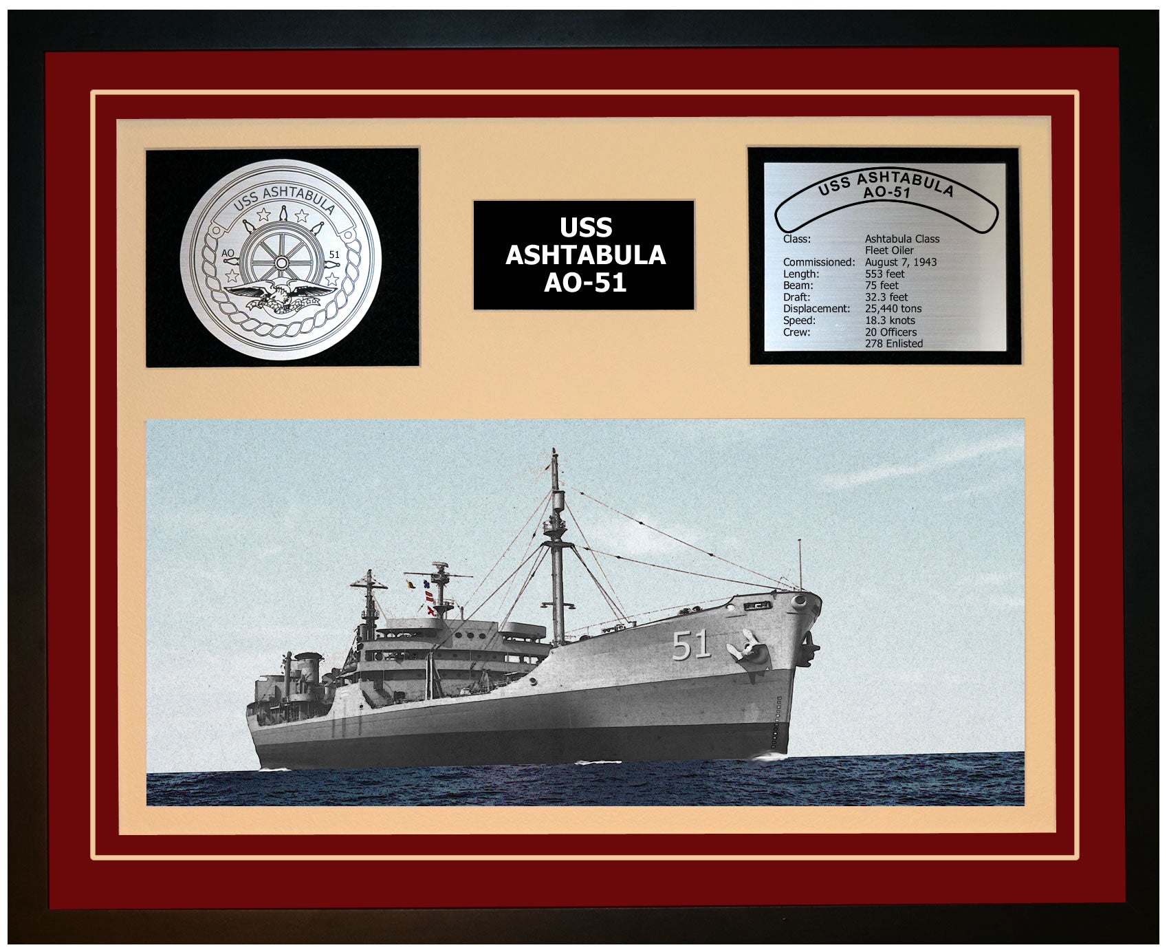 USS ASHTABULA AO-51 Framed Navy Ship Display Burgundy