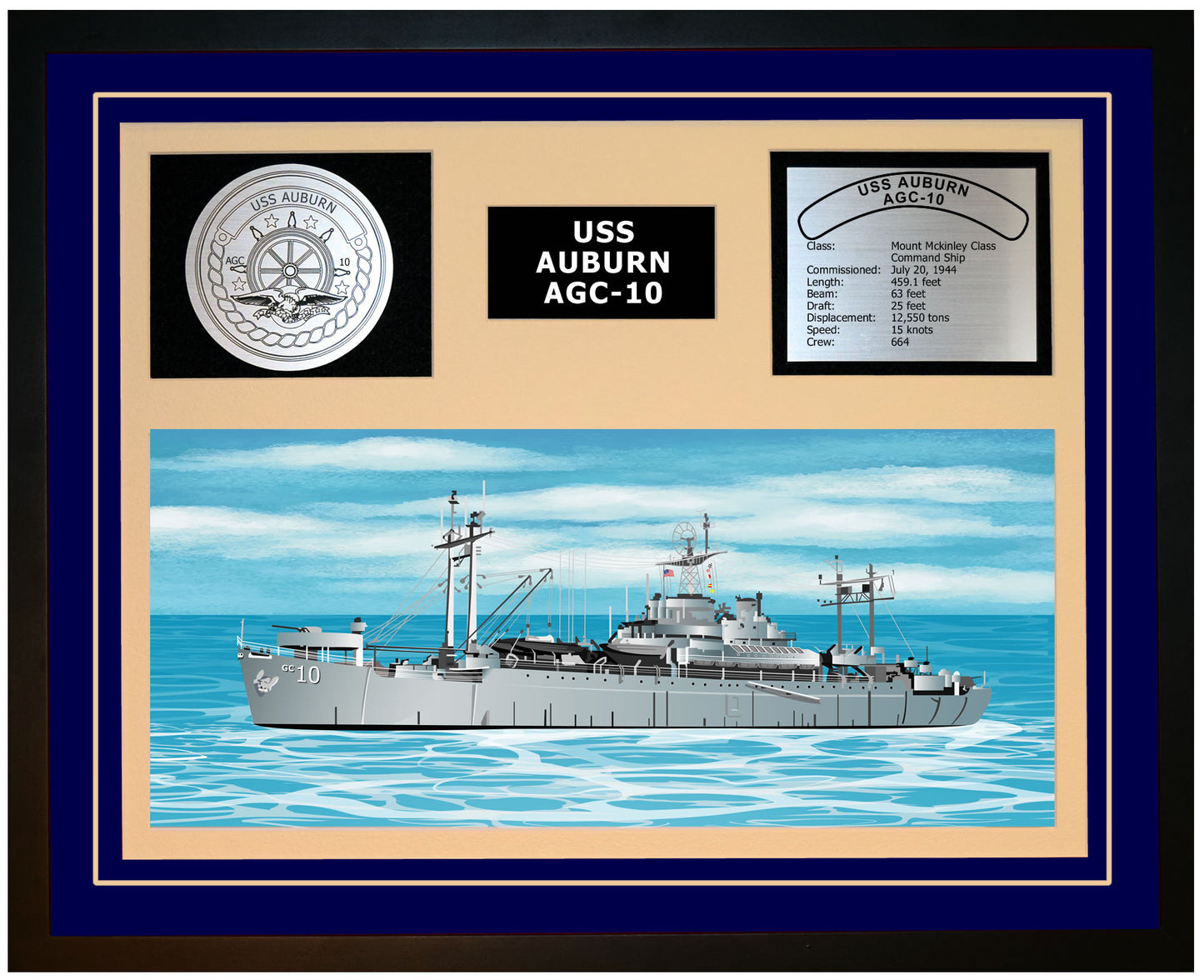 USS AUBURN AGC-10 Framed Navy Ship Display Blue