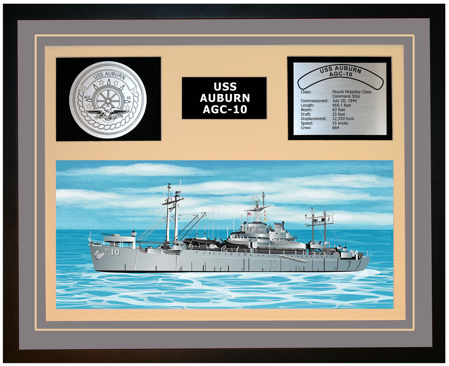 USS AUBURN AGC-10 Framed Navy Ship Display Grey