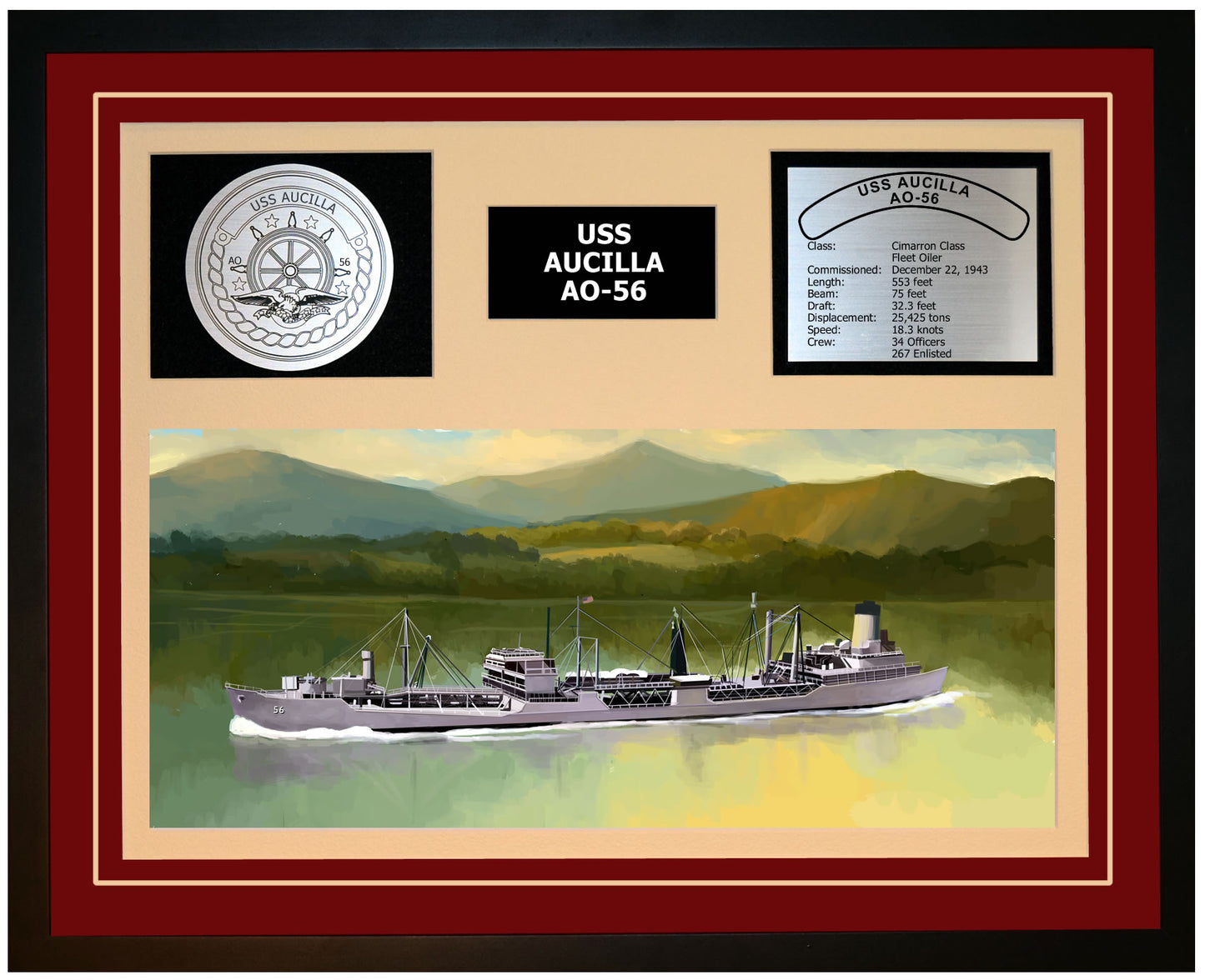 USS AUCILLA AO-56 Framed Navy Ship Display Burgundy