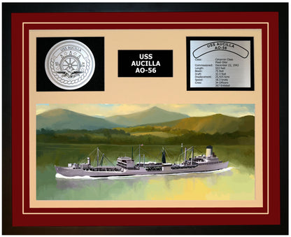 USS AUCILLA AO-56 Framed Navy Ship Display Burgundy