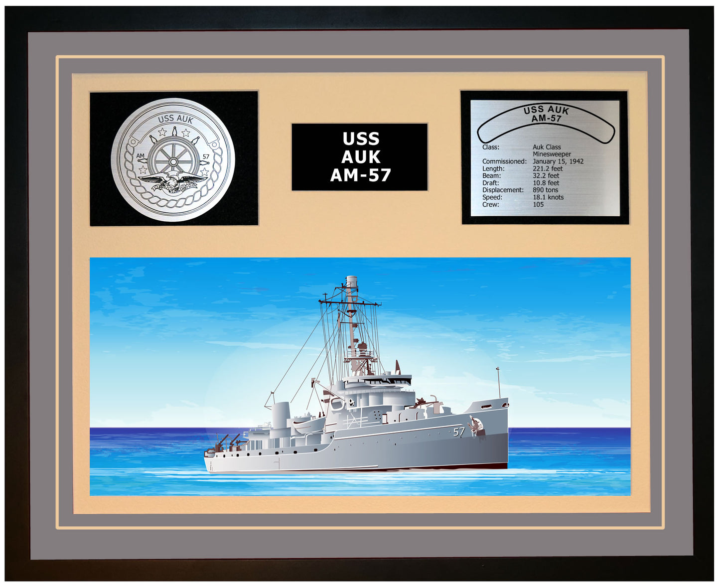 USS AUK AM-57 Framed Navy Ship Display Grey
