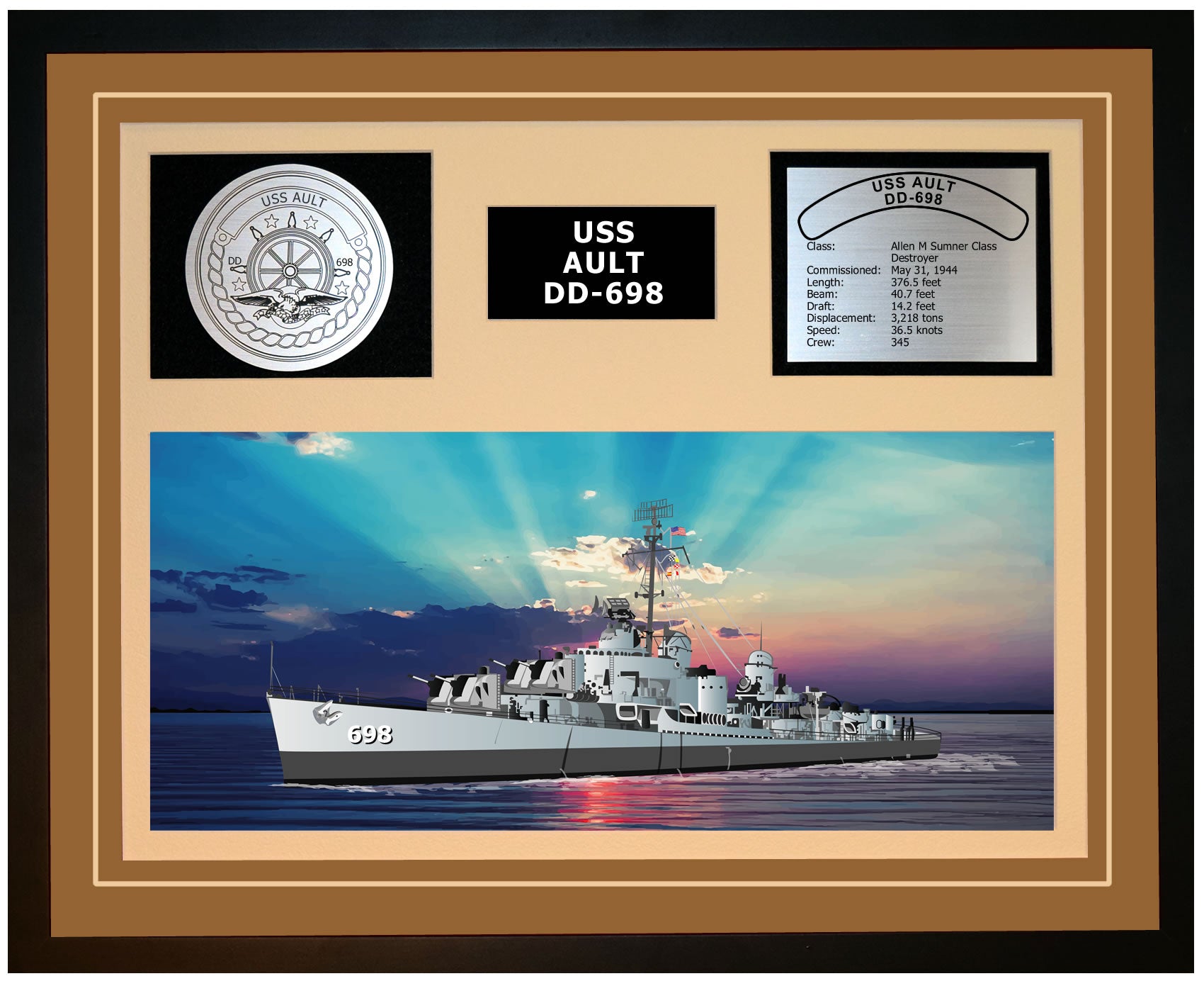 USS AULT DD-698 Framed Navy Ship Display Brown