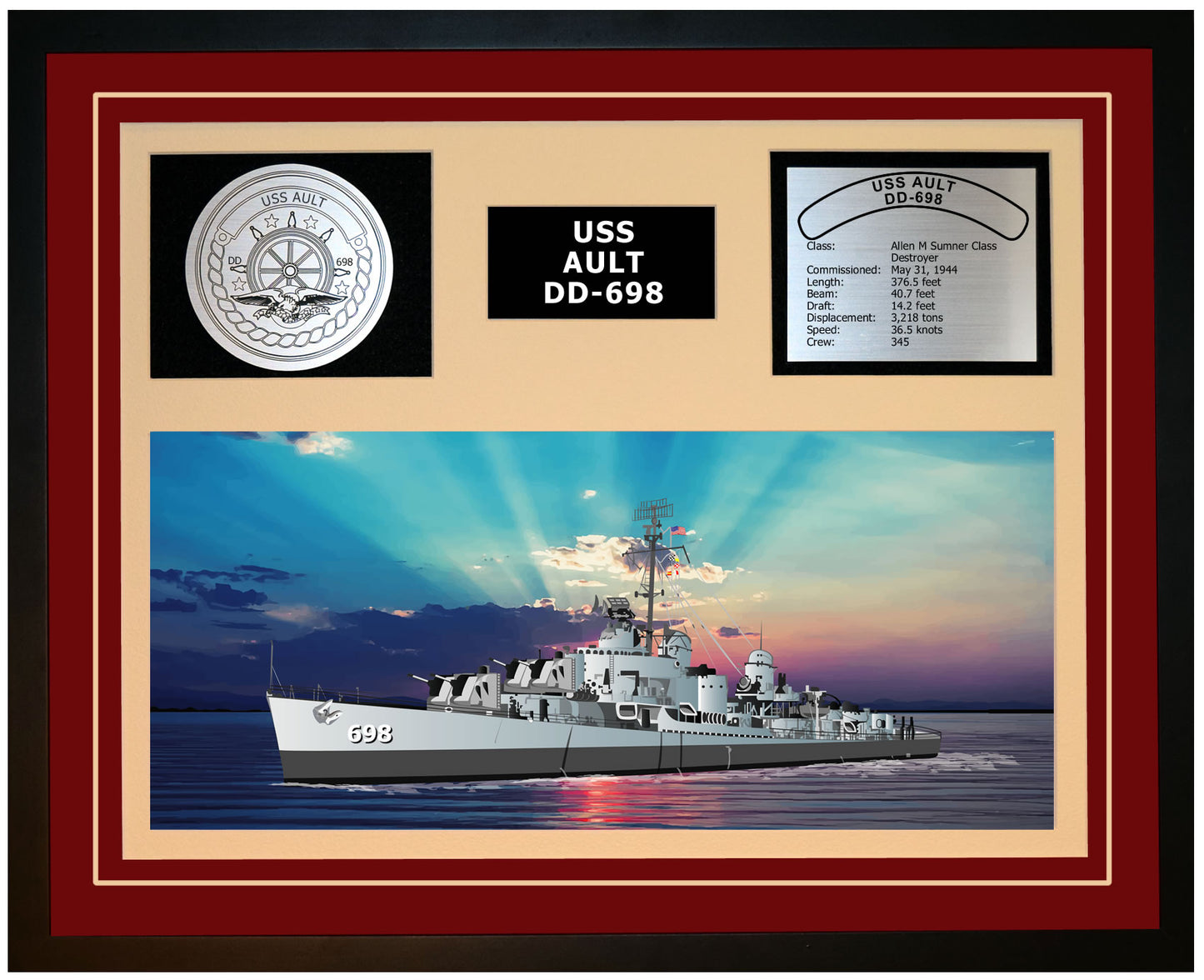USS AULT DD-698 Framed Navy Ship Display Burgundy