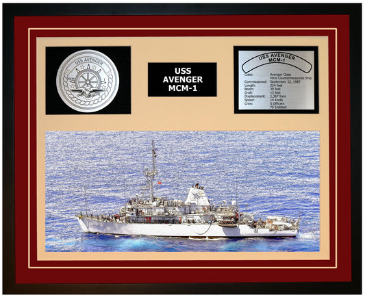 USS AVENGER MCM-1 Framed Navy Ship Display Burgundy