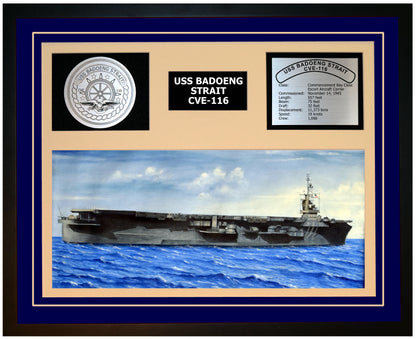 USS BADOENG STRAIT CVE-116 Framed Navy Ship Display Blue