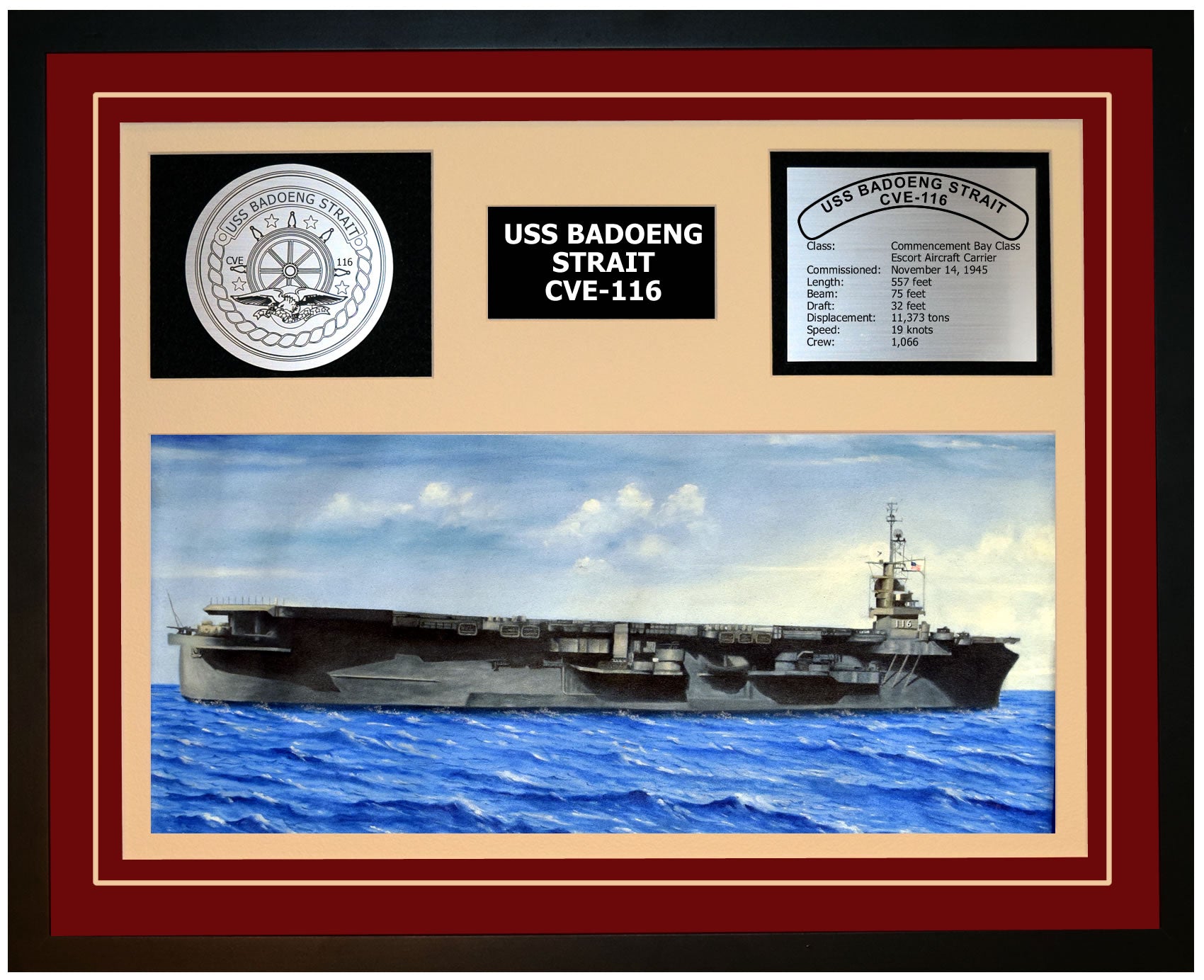 USS BADOENG STRAIT CVE-116 Framed Navy Ship Display Burgundy