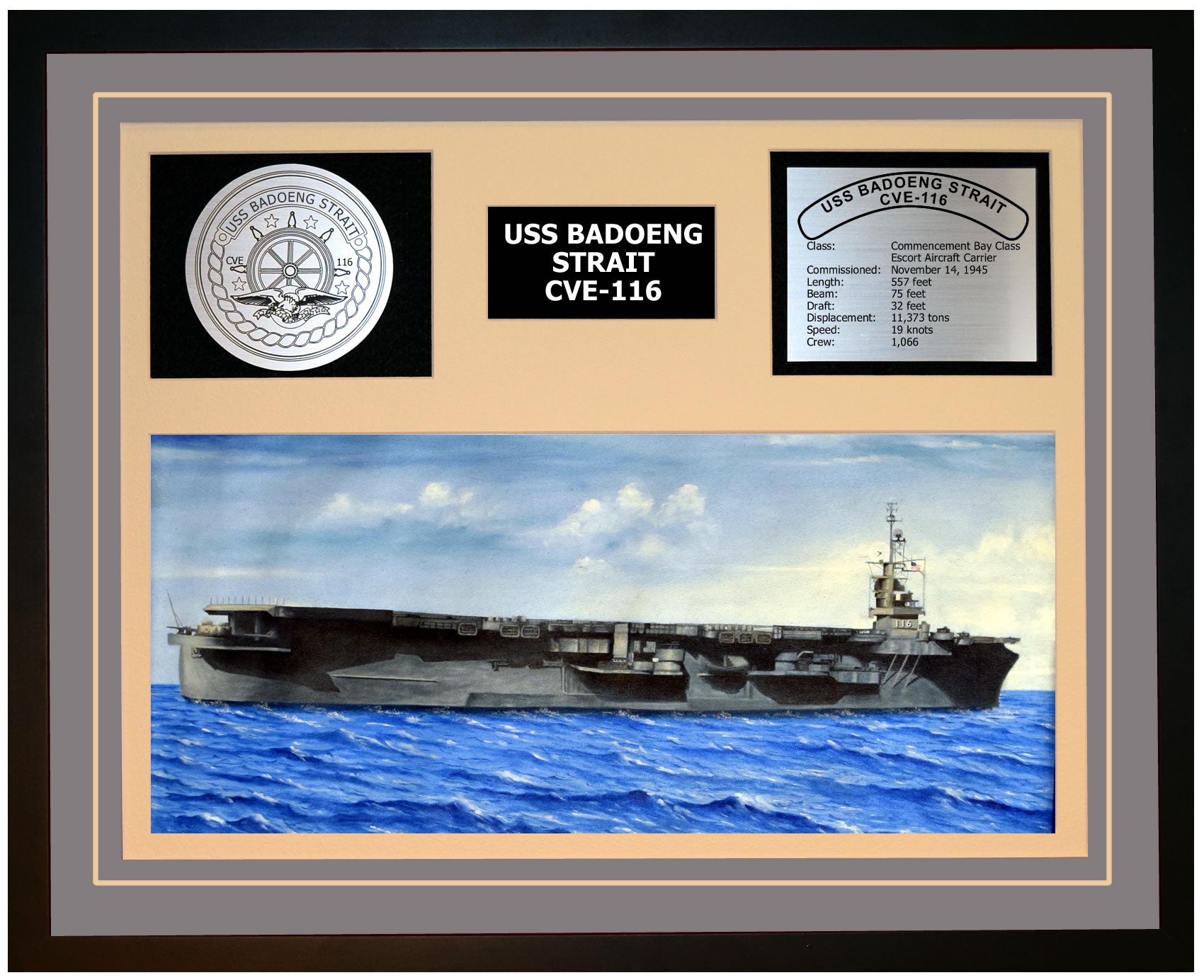 USS BADOENG STRAIT CVE-116 Framed Navy Ship Display Grey