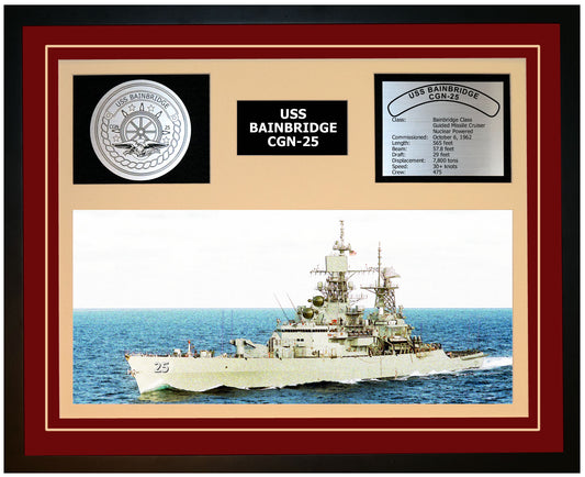 USS BAINBRIDGE CGN-25 Framed Navy Ship Display Burgundy