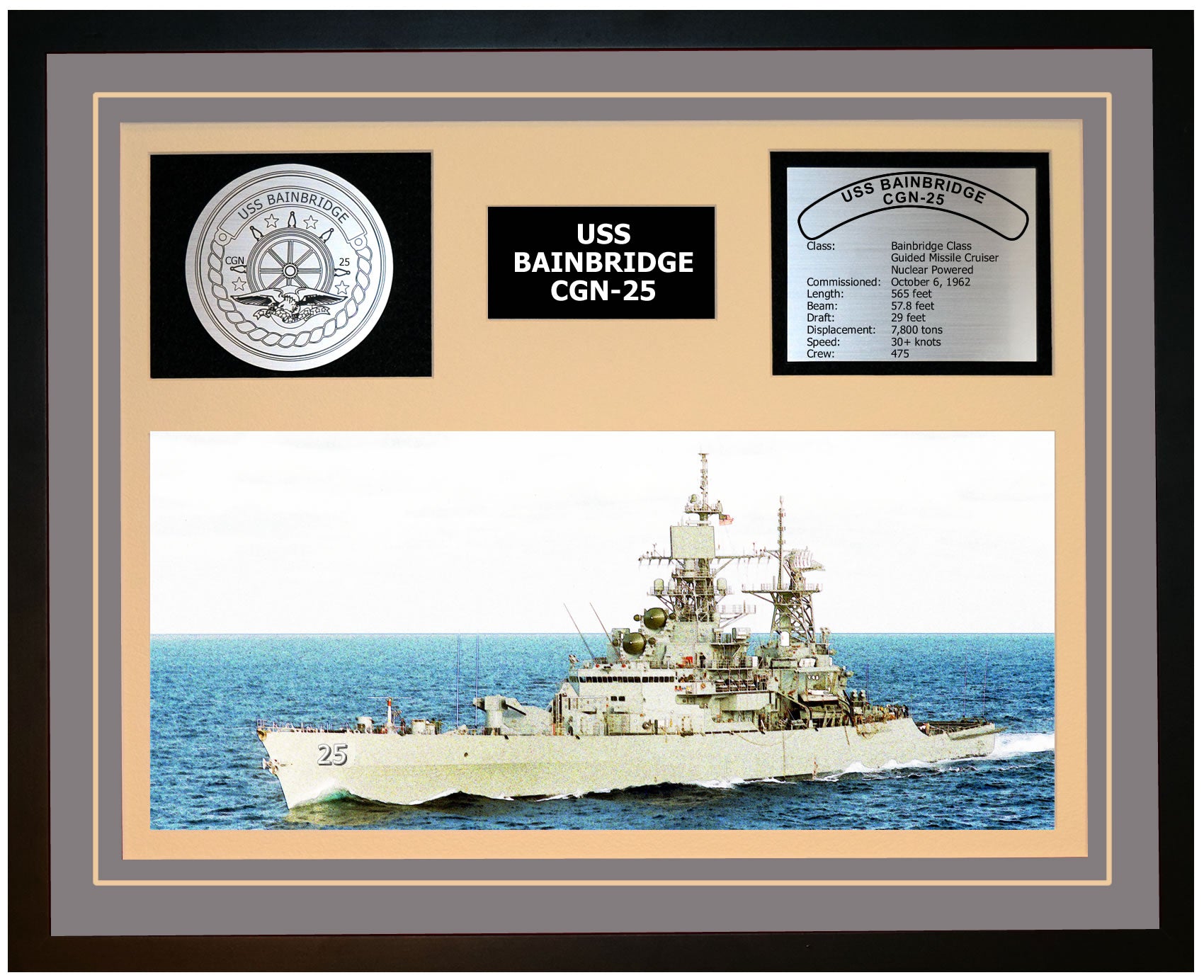 USS BAINBRIDGE CGN-25 Framed Navy Ship Display Grey