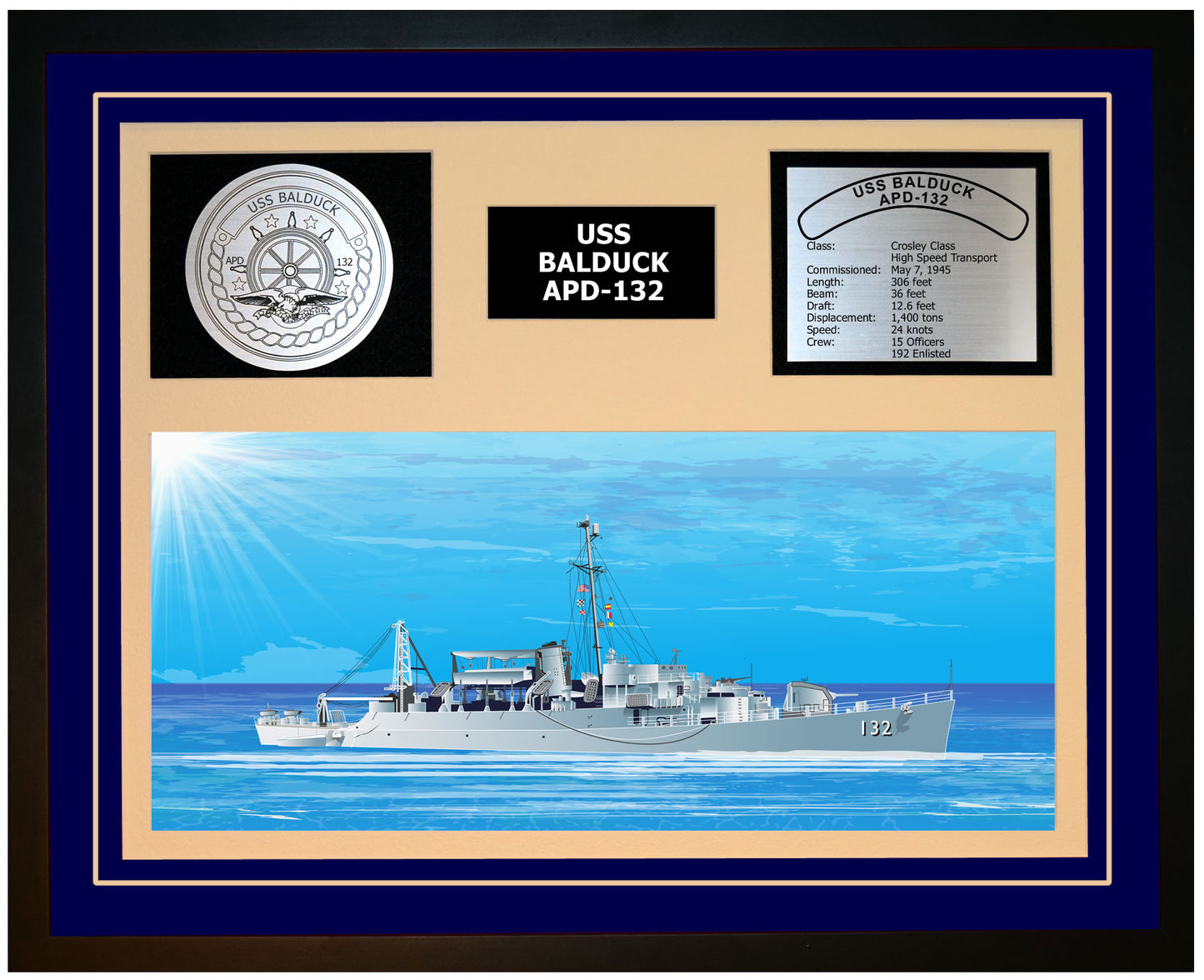 USS BALDUCK APD-132 Framed Navy Ship Display Blue