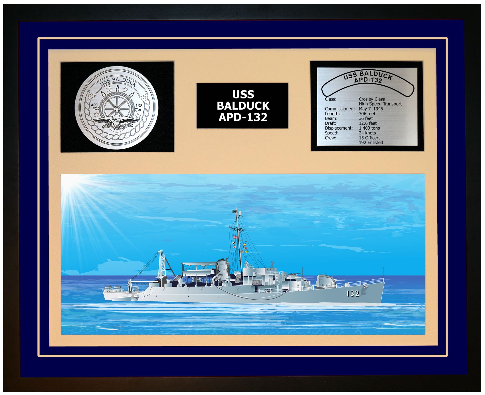 USS BALDUCK APD-132 Framed Navy Ship Display Blue