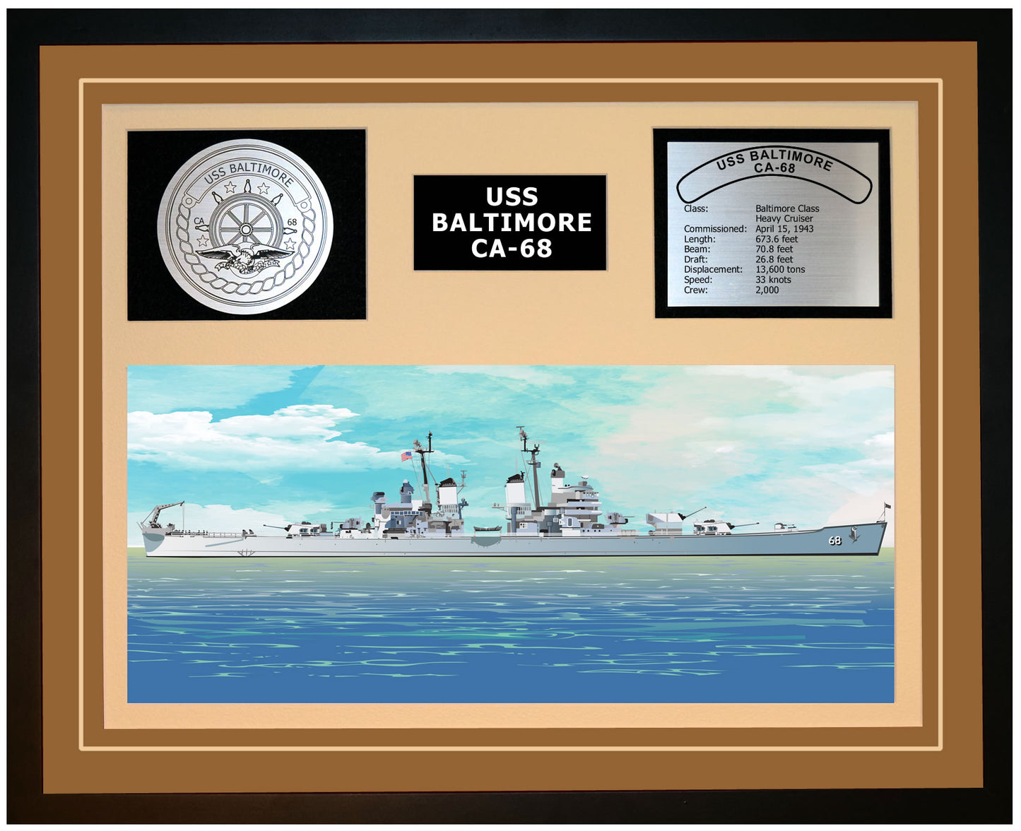 USS BALTIMORE CA-68 Framed Navy Ship Display Brown