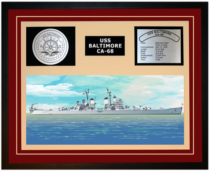 USS BALTIMORE CA-68 Framed Navy Ship Display Burgundy