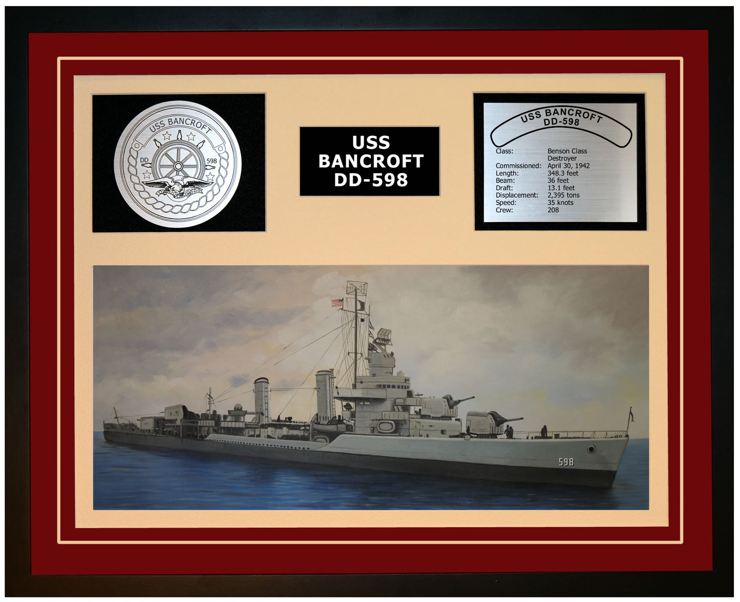 USS BANCROFT DD-598 Framed Navy Ship Display Burgundy