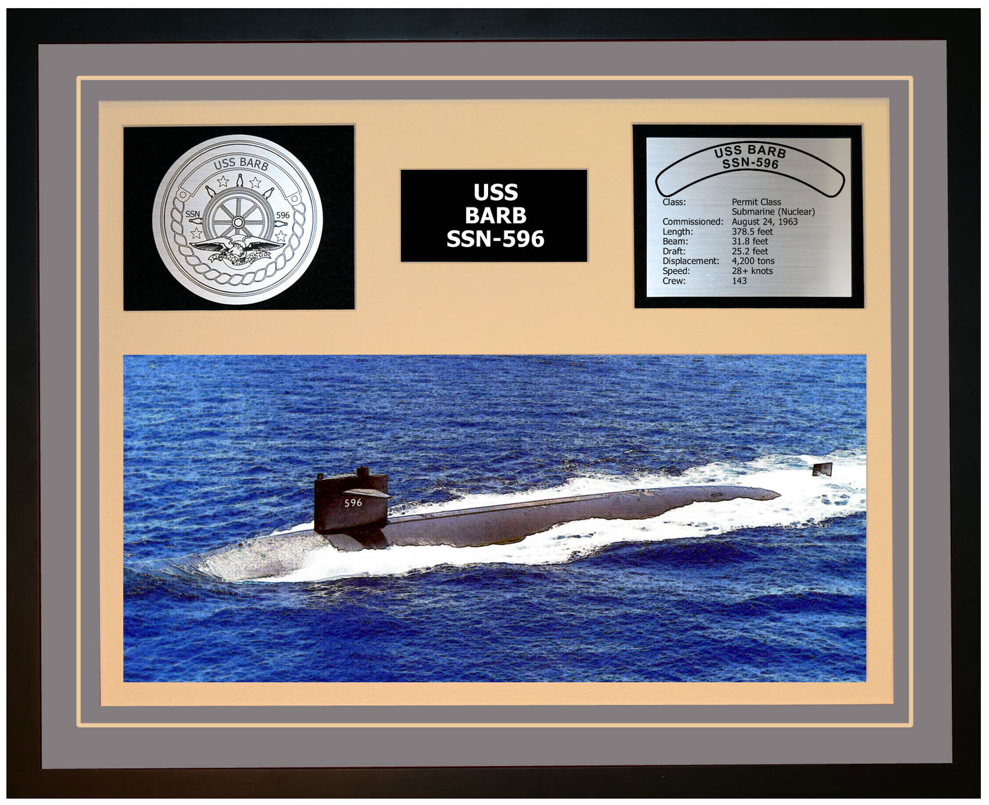 USS BARB SSN-596 Framed Navy Ship Display Grey