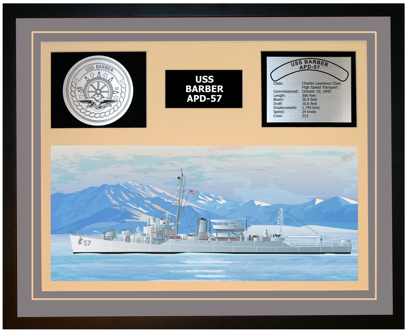 USS BARBER APD-57 Framed Navy Ship Display Grey