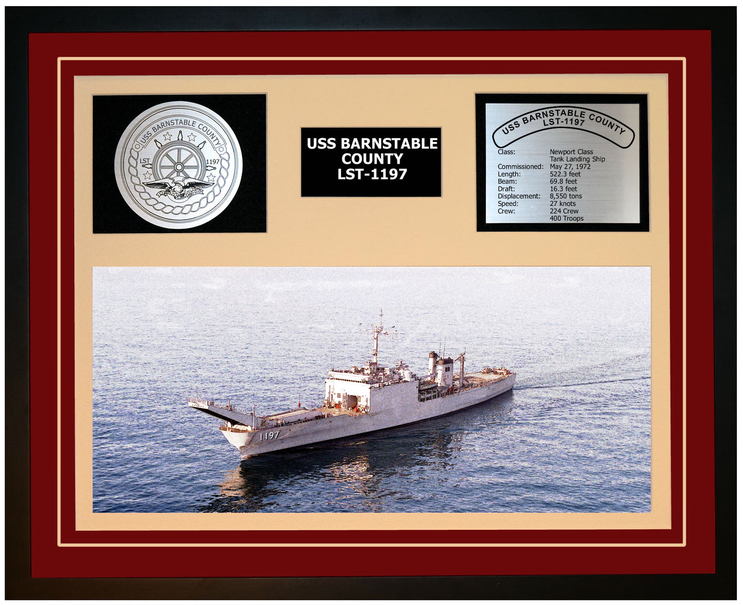 USS BARNSTABLE COUNTY LST-1197 Framed Navy Ship Display Burgundy