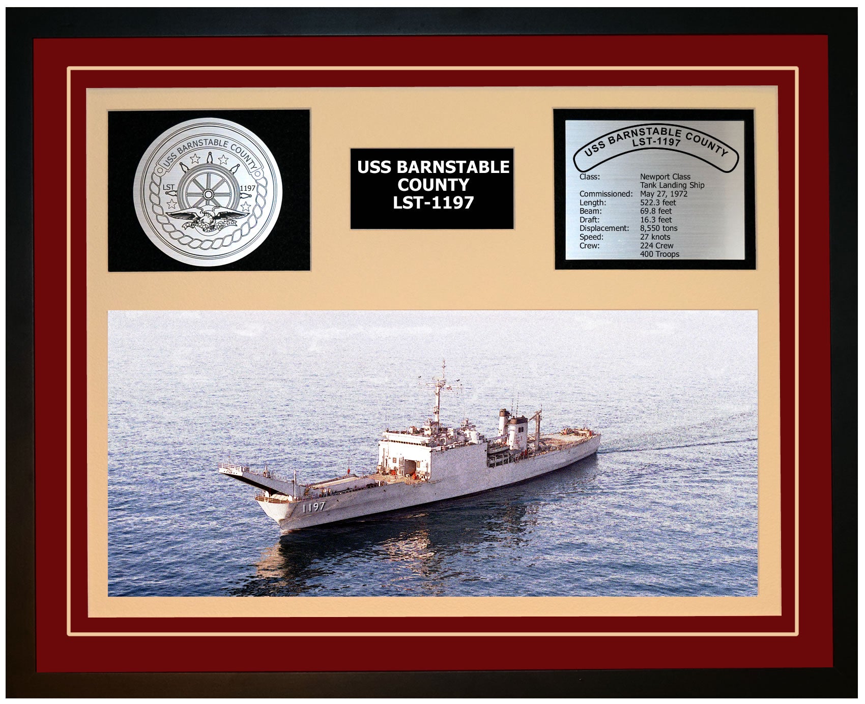 USS BARNSTABLE COUNTY LST-1197 Framed Navy Ship Display Burgundy