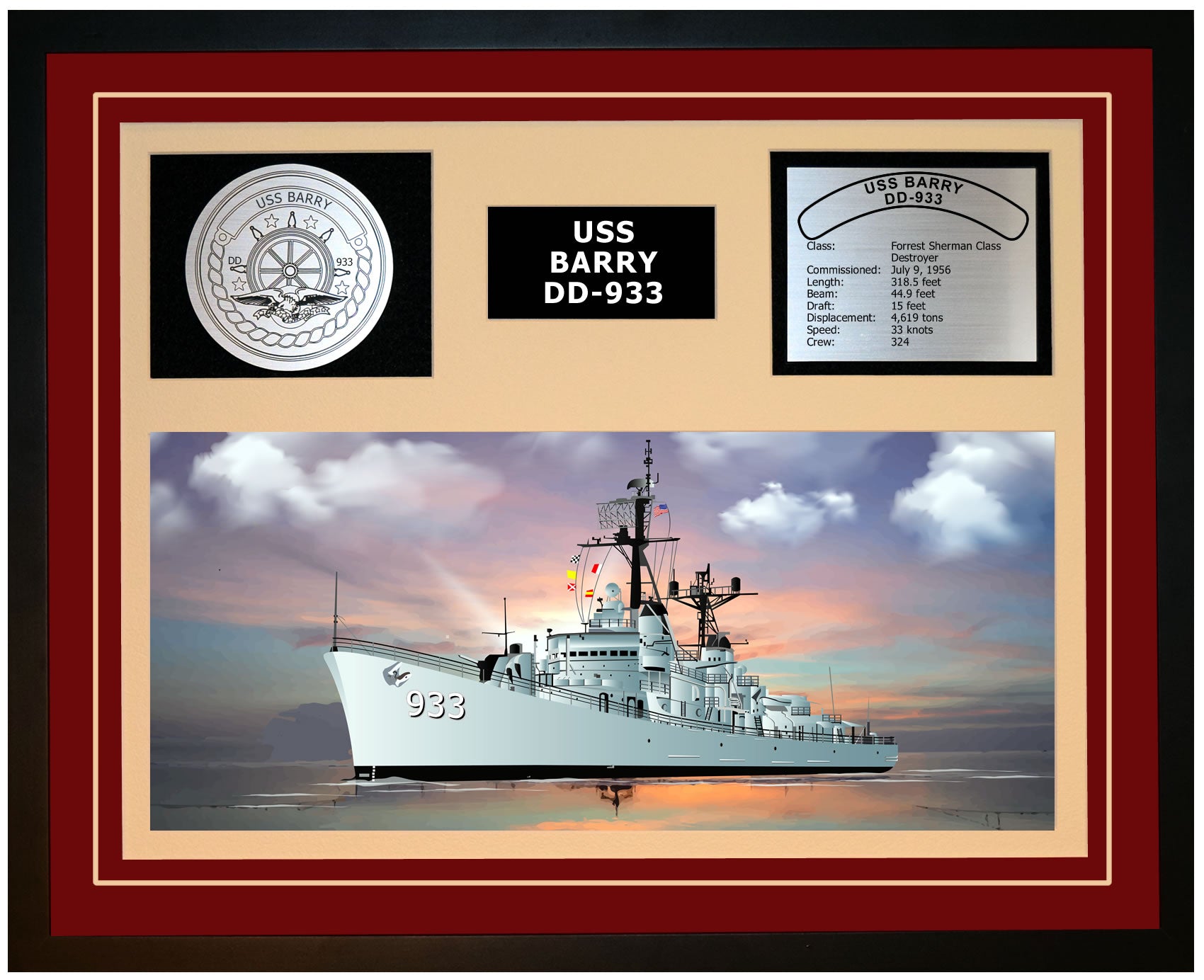 USS BARRY DD-933 Framed Navy Ship Display Burgundy