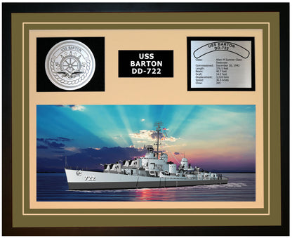 USS BARTON DD-722 Framed Navy Ship Display Green