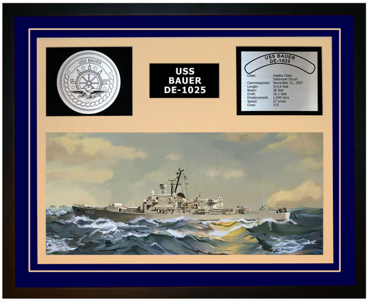USS BAUER DE-1025 Framed Navy Ship Display Blue