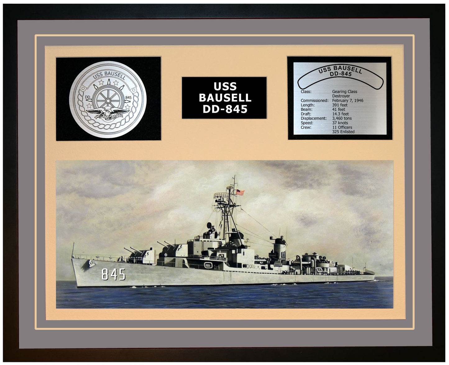 USS BAUSELL DD-845 Framed Navy Ship Display Grey