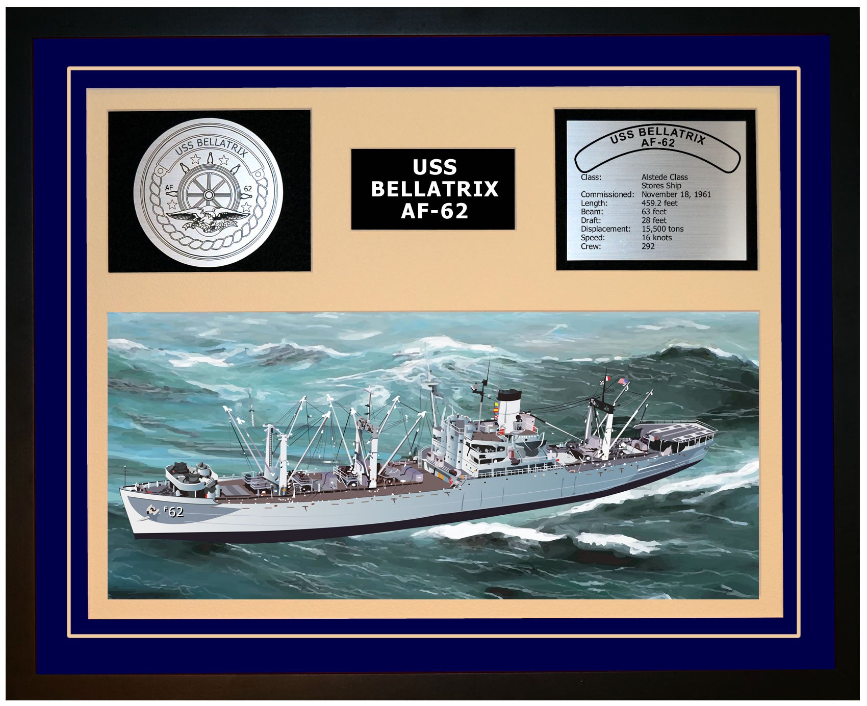 USS BELLATRIX AF-62 Framed Navy Ship Display Blue