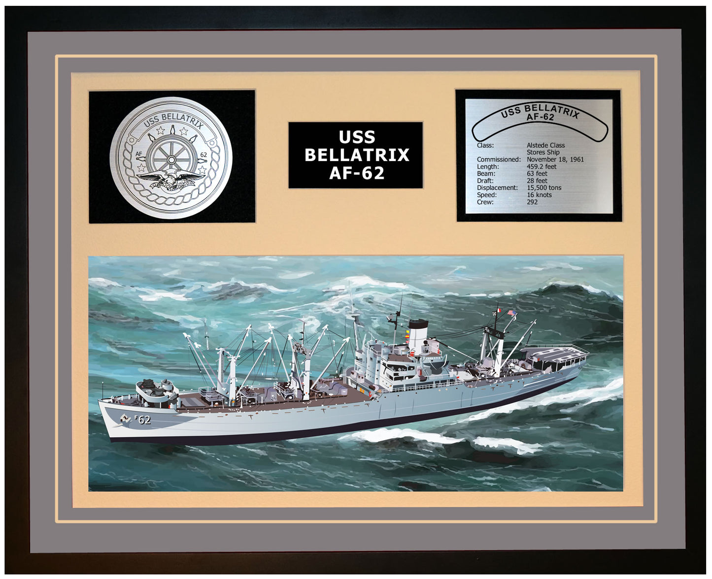 USS BELLATRIX AF-62 Framed Navy Ship Display Grey