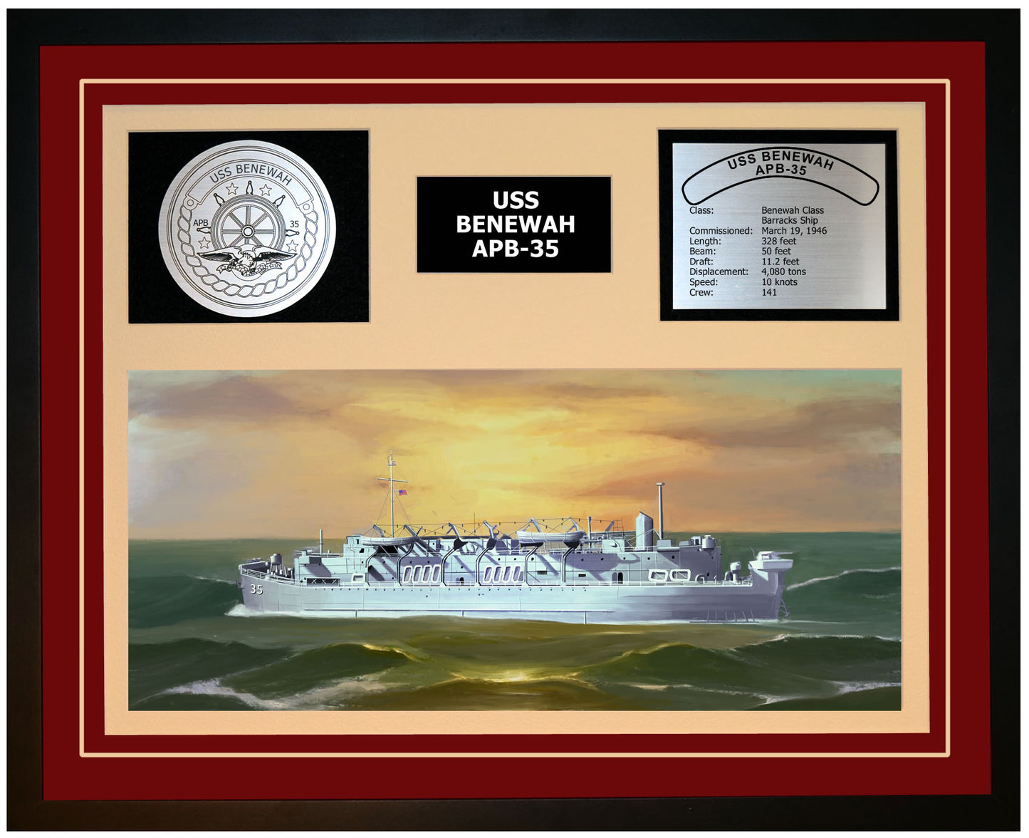 USS BENEWAH APB-35 Framed Navy Ship Display Burgundy