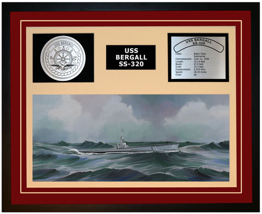 USS BERGALL SS-320 Framed Navy Ship Display Burgundy