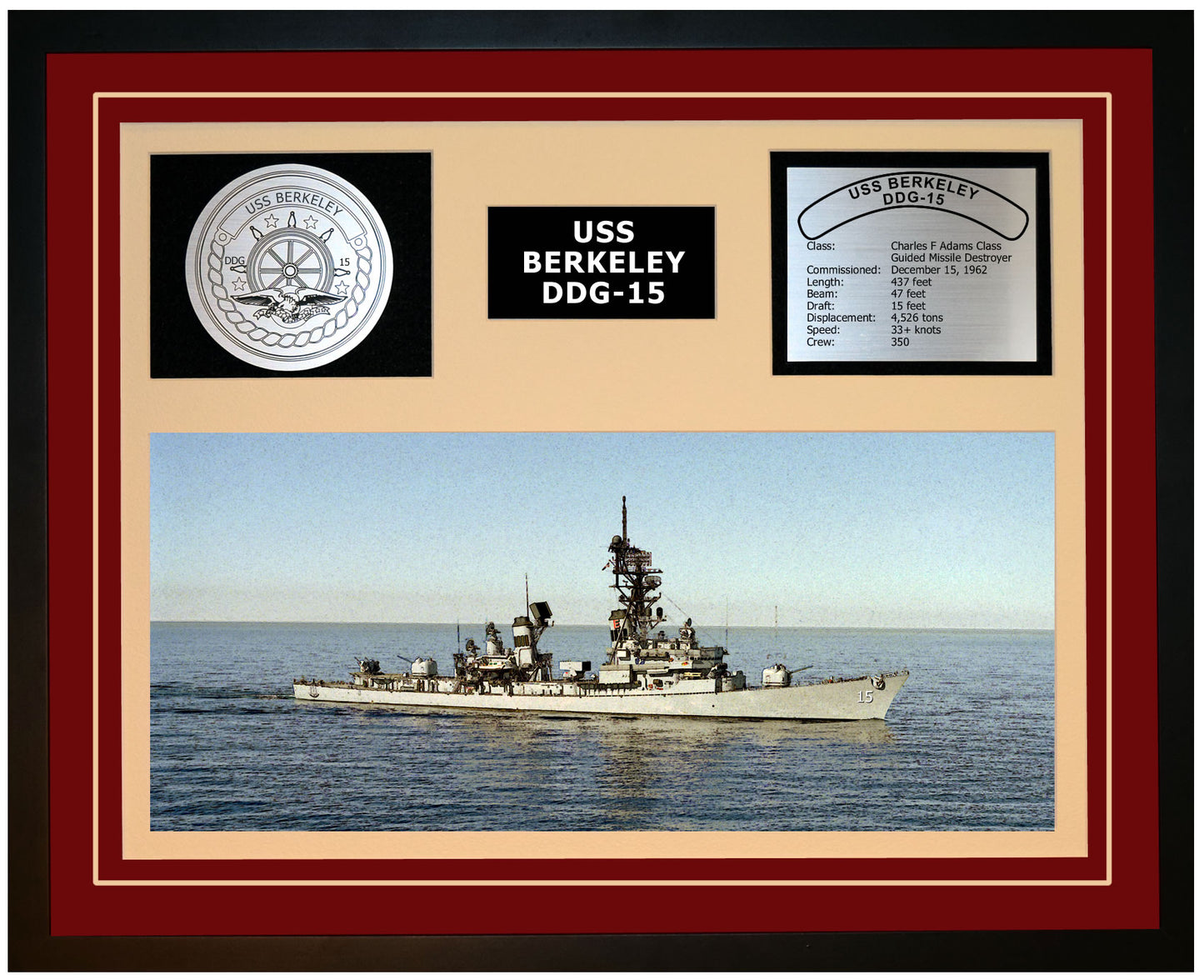 USS BERKELEY DDG-15 Framed Navy Ship Display Burgundy