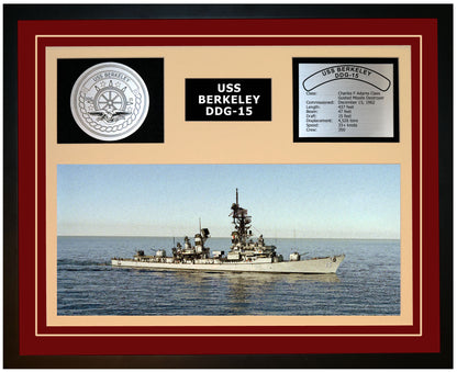 USS BERKELEY DDG-15 Framed Navy Ship Display Burgundy